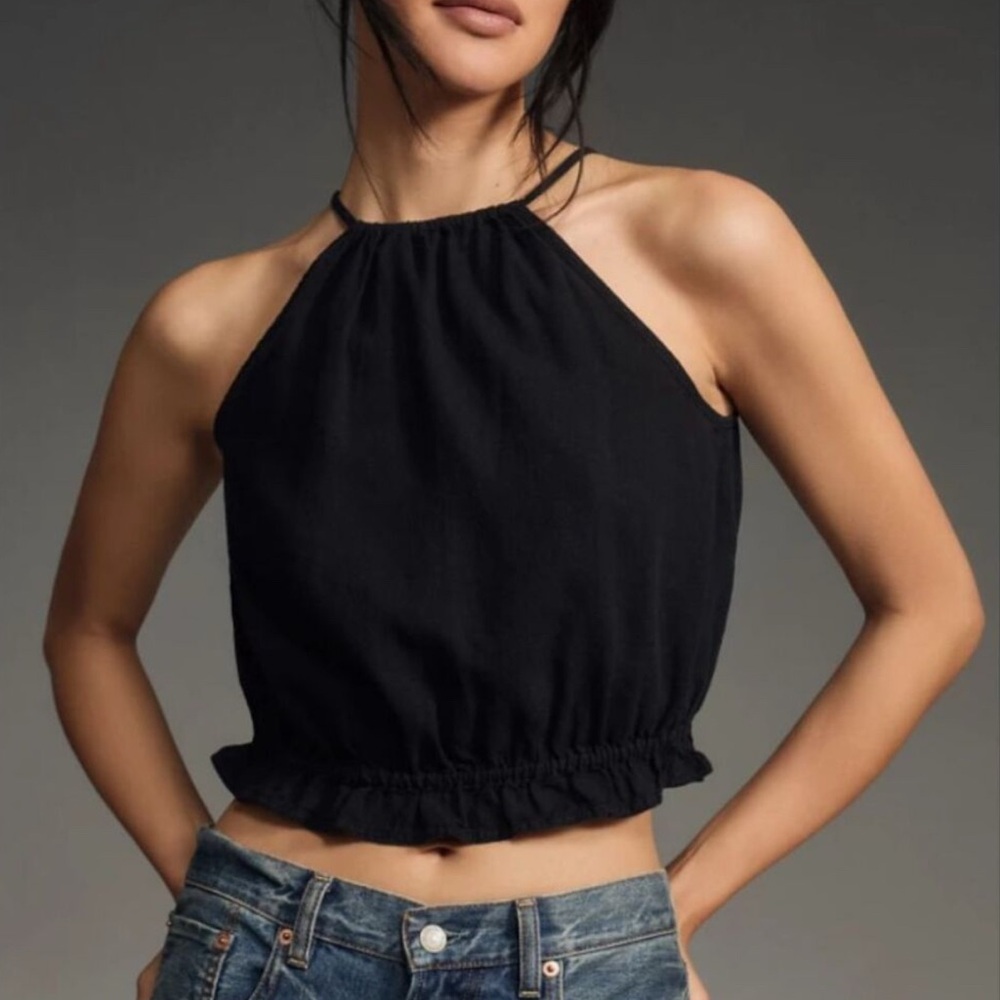 Anthropologie Pilcro Cropped Black Linen Halter Tank Top NWT
